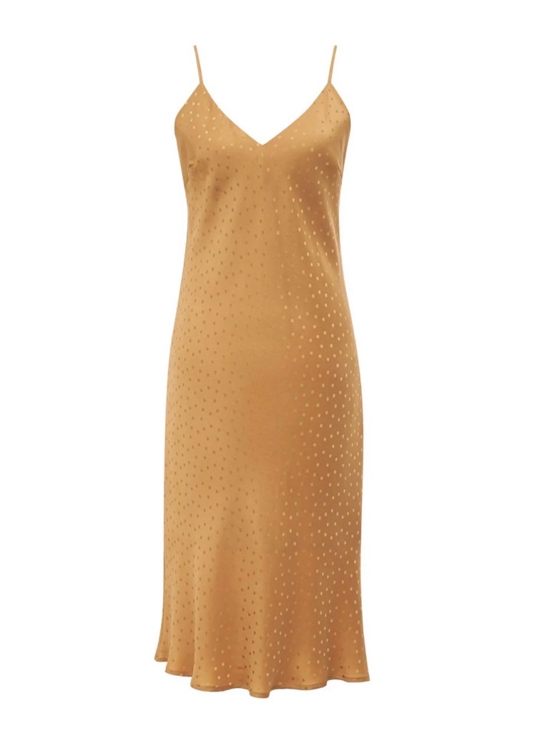 Gold Hawk Silk Jacquard Slip Dress (Camel)
